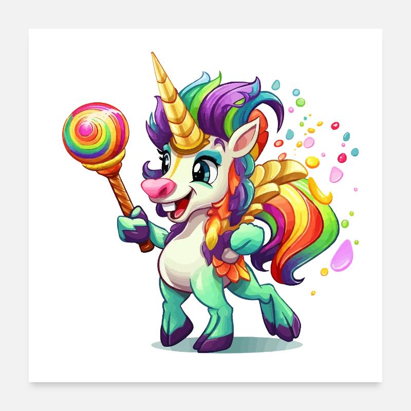 Buntes Einhorn mit Lolly Poster 60x60 cm