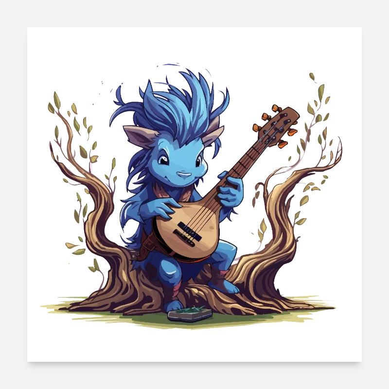 Lutin bleu avec luth dans la forêt Poster 60 x 60 cm