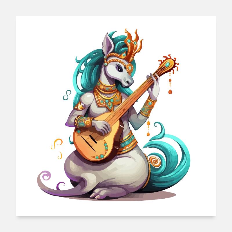 Musicien licorne avec luth doré Poster 60 x 60 cm