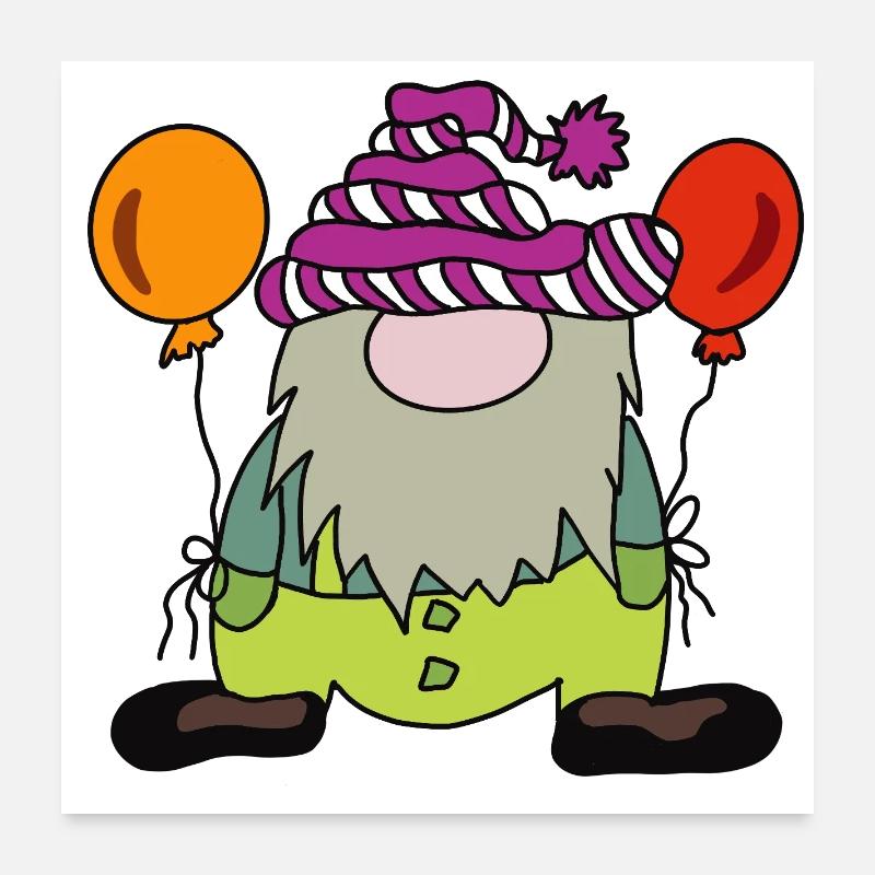 Costume Carnival Gnome Dwarf with Colorful Balloons Poster 24" x 24" (60x60 cm)