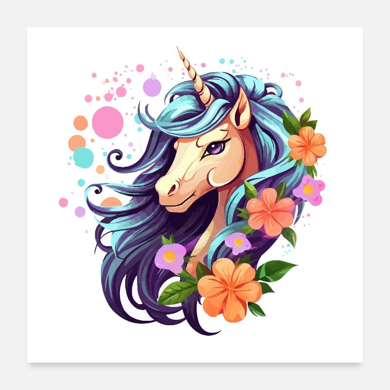 Blaues Einhorn mit Blumenkranz Poster 60x60 cm