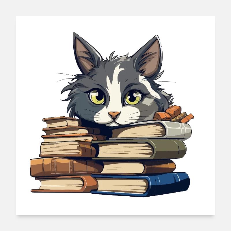 Book Stack Cat Bibliophile Poster 24" x 24" (60x60 cm)
