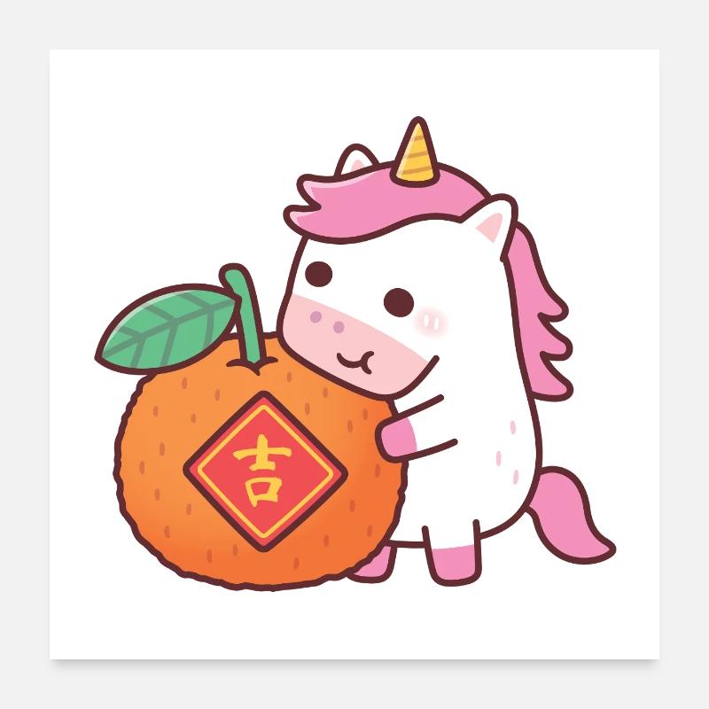 Süßes Einhornpferd mit orangefarbenem chinesischem Neujahr Poster 60x60 cm