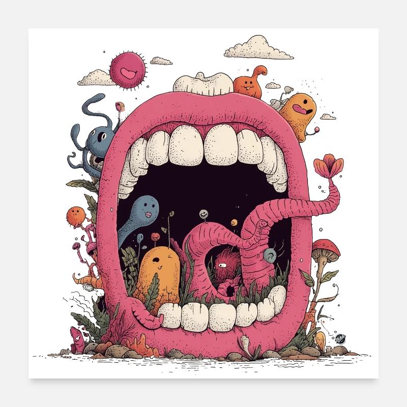 Pink Mouth World with Creatures Poster 24" x 24" (60x60 cm)