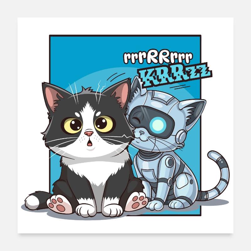Chat et robot, humour, cartoon, bd Poster 60 x 60 cm