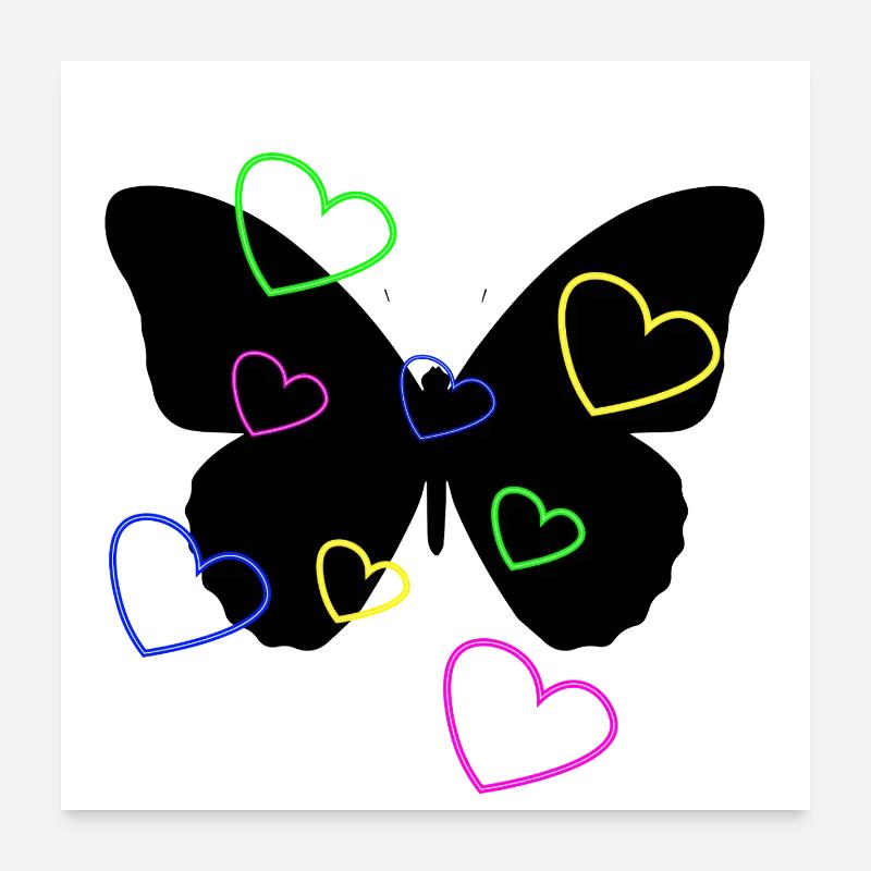 Cœurs Néon Multicolore sur Papillon  Poster 60 x 60 cm