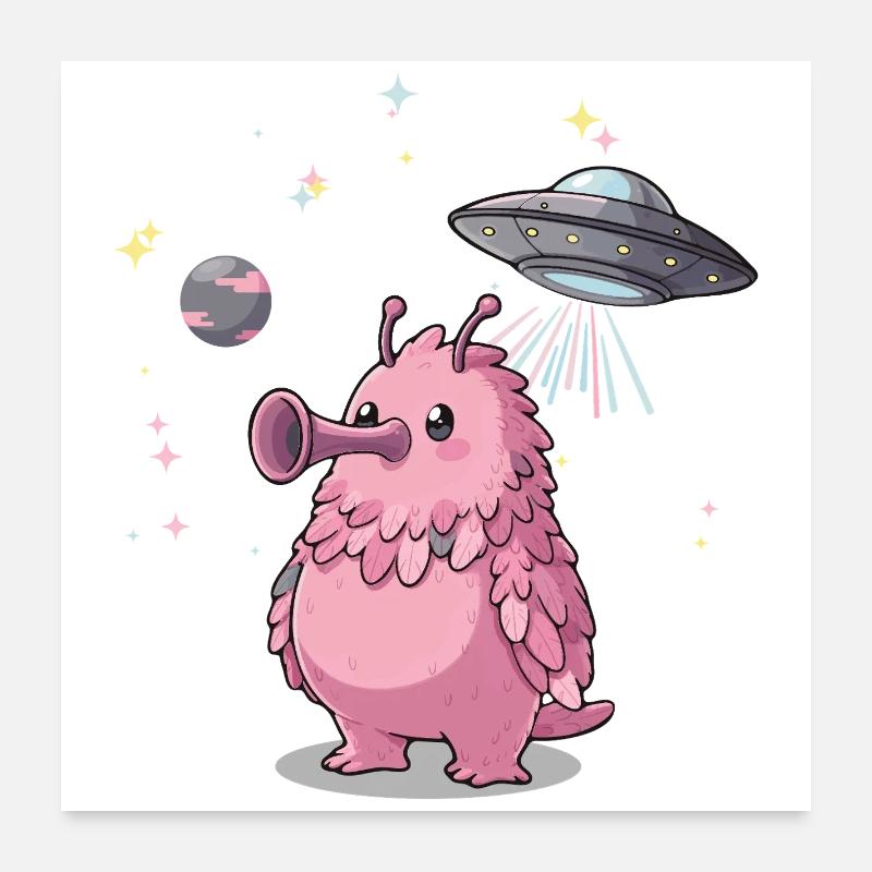 Mignon extraterrestre rose avec un OVNI dans l’espace Poster 60 x 60 cm