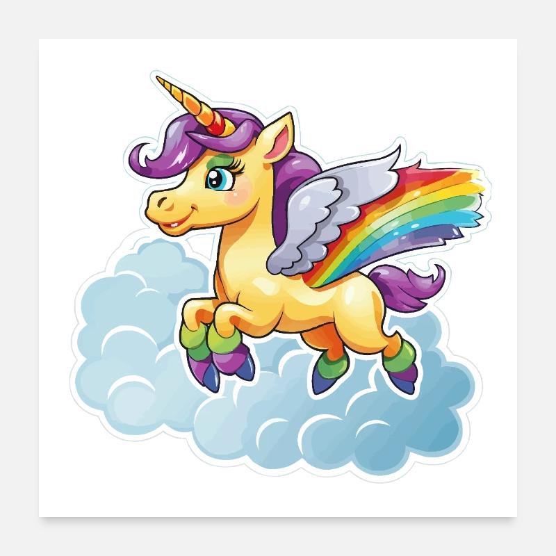 Licorne arc-en-ciel sur les nuages Poster 60 x 60 cm