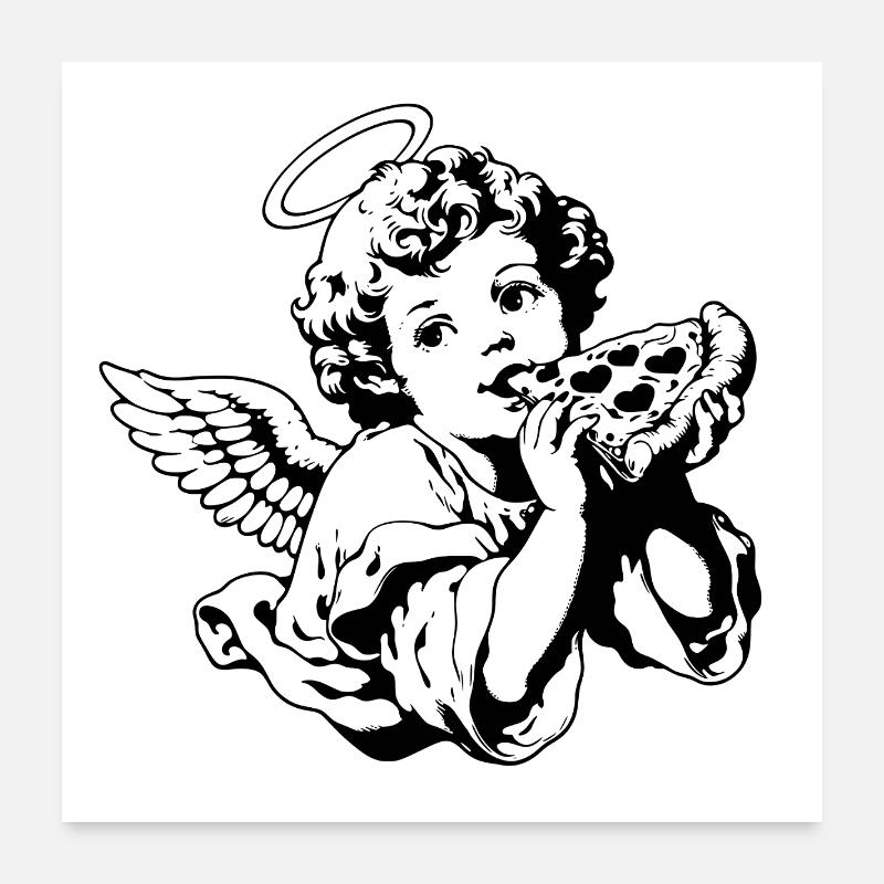 Pizza Engel – Cherub mit Pizzastück Poster 60x60 cm