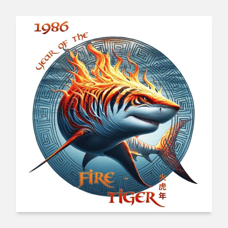 Tigre de Feu 1986 – Le Requin Tigre Brûlant - Poster 60 x 60 cm - blanc