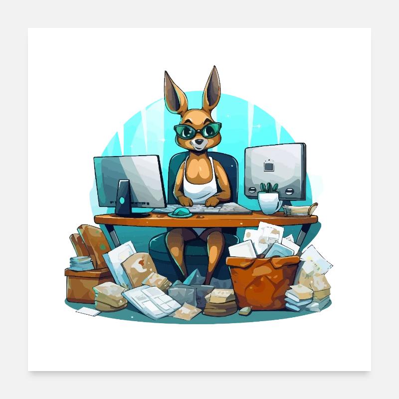 Le kangourou dans le chaos du bureau Poster 60 x 60 cm