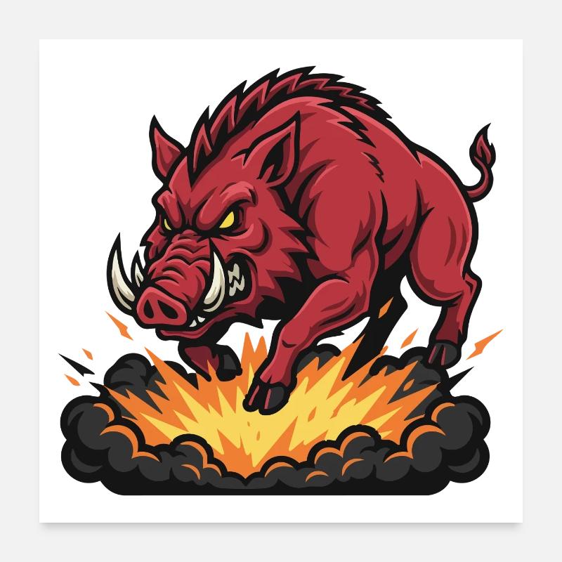 Red Boar Fire Blast Mascot Boar Poster 24" x 24" (60x60 cm)