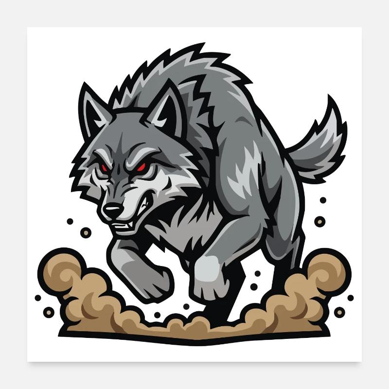 Loup Gris Sauvage Charge Mascotte Wolf Run Poster 60 x 60 cm