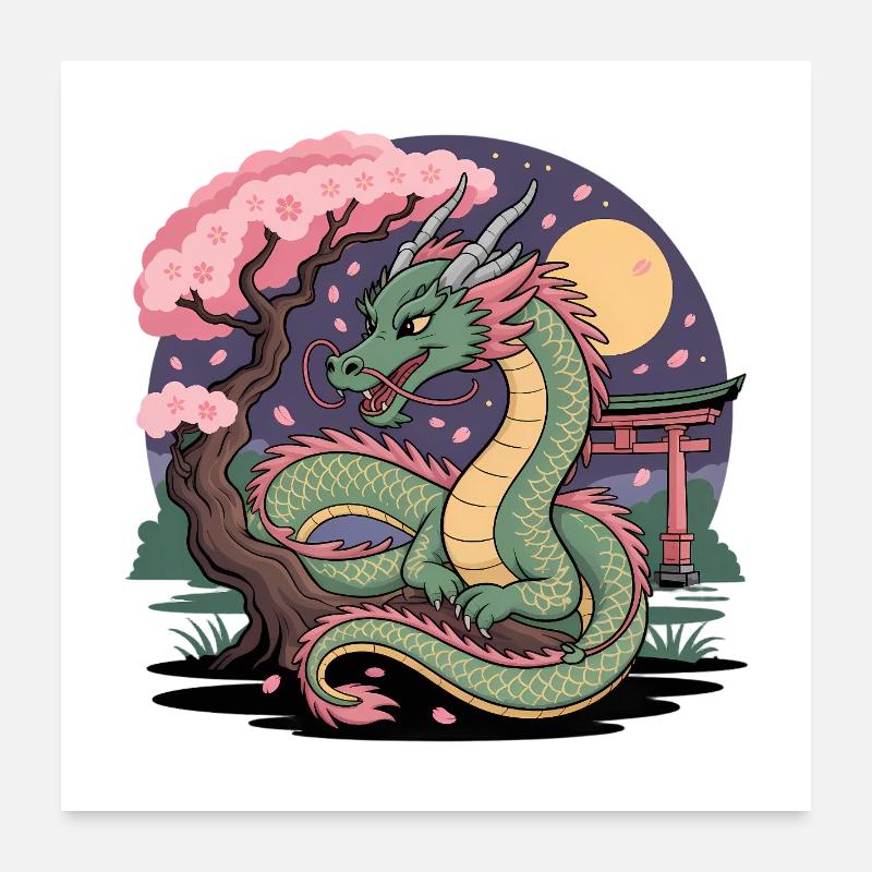 Dragon Sakura under the moon Poster 24" x 24" (60x60 cm)