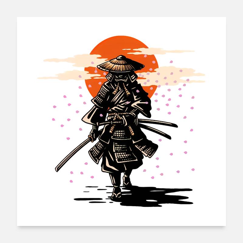 Samurai Sun und Sakura - Poster 60x60 cm - Weiß