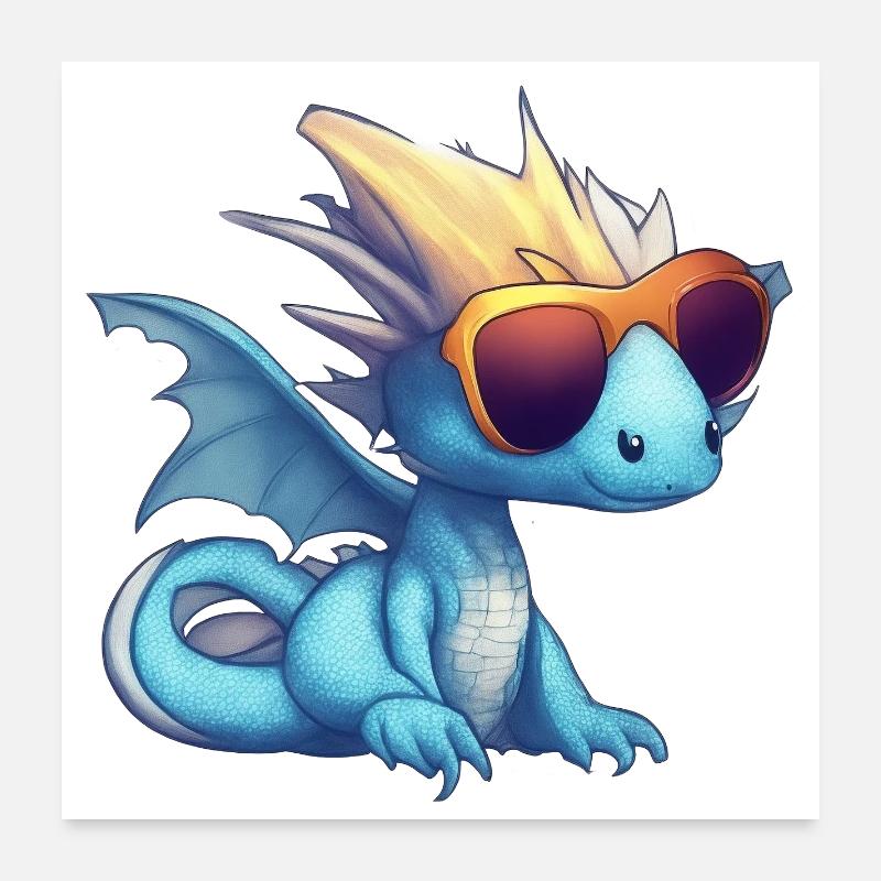 Kleiner Blauer Drachen mit Sonnenbrille Poster 60x60 cm