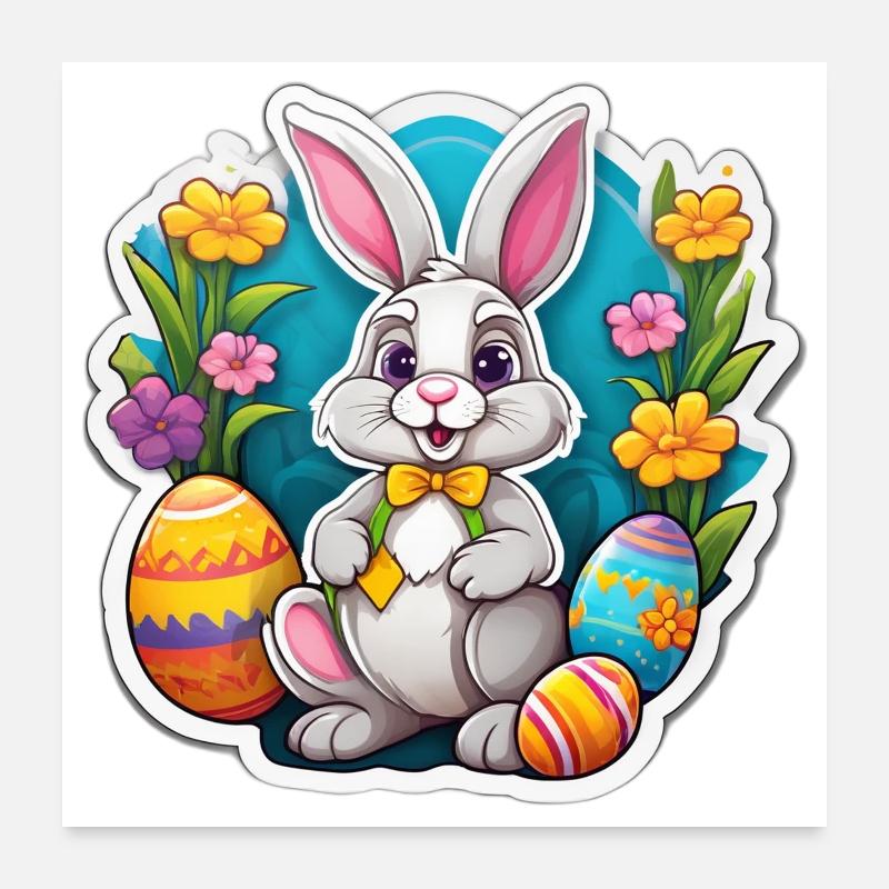 Lapin Pâques Pastel et Œufs Fleuris Poster 60 x 60 cm