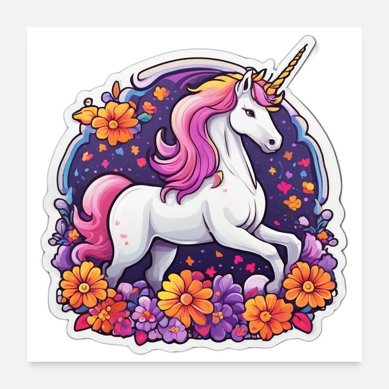 Licorne éclatante entourée de fleurs cosmos Poster 60 x 60 cm