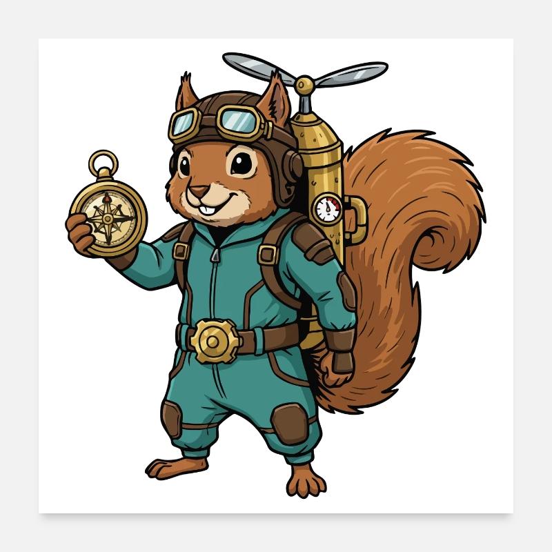 Écureuil Steampunk Aviateur Jetpack Boussole Poster 60 x 60 cm