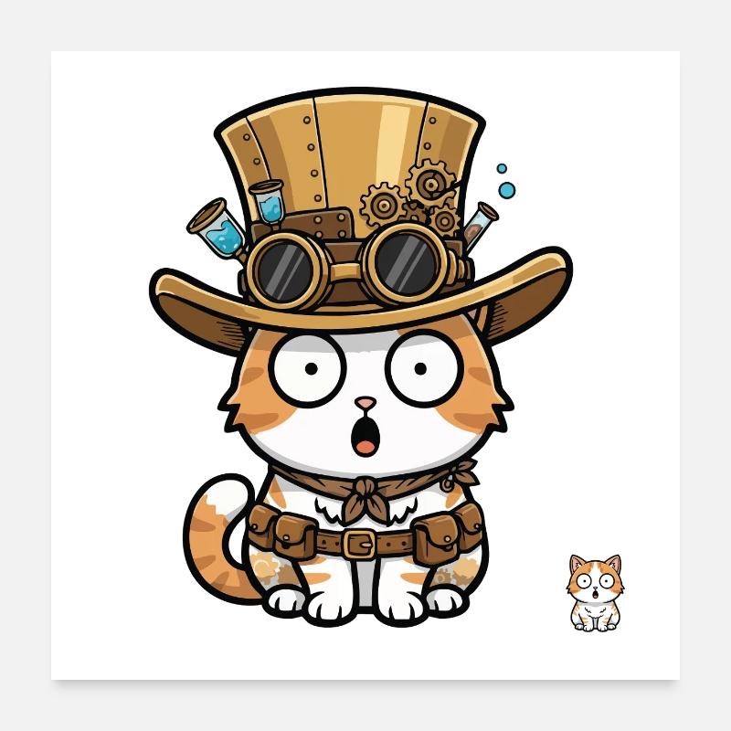 Cat Explorer Steampunk Zylinder-Brille Poster 60x60 cm