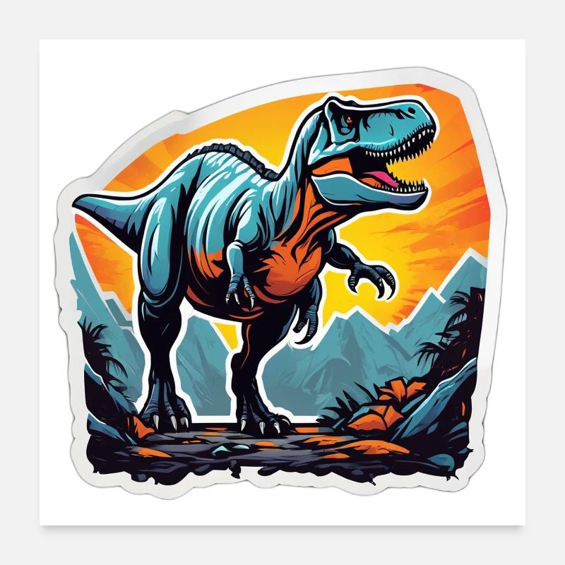 T-Rex au coucher soleil sur montagnes Poster 60 x 60 cm