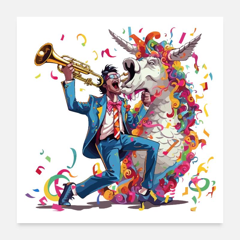 Trompeter und Regenbogen-Einhorn Poster 60x60 cm