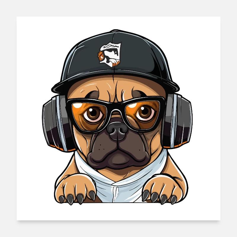 DJ chien avec casque Poster 60 x 60 cm