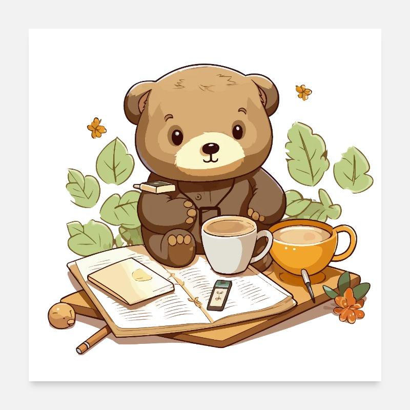 Kuschelbär beim Lesen mit Kaffee Poster 60x60 cm