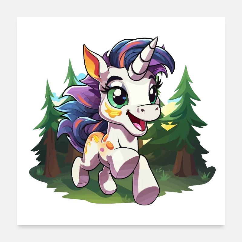 Licorne colorée de la forêt heureuse Poster 60 x 60 cm