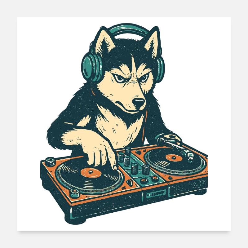 Husky DJ Retro Design : Chien à la console de mixage Poster 60 x 60 cm