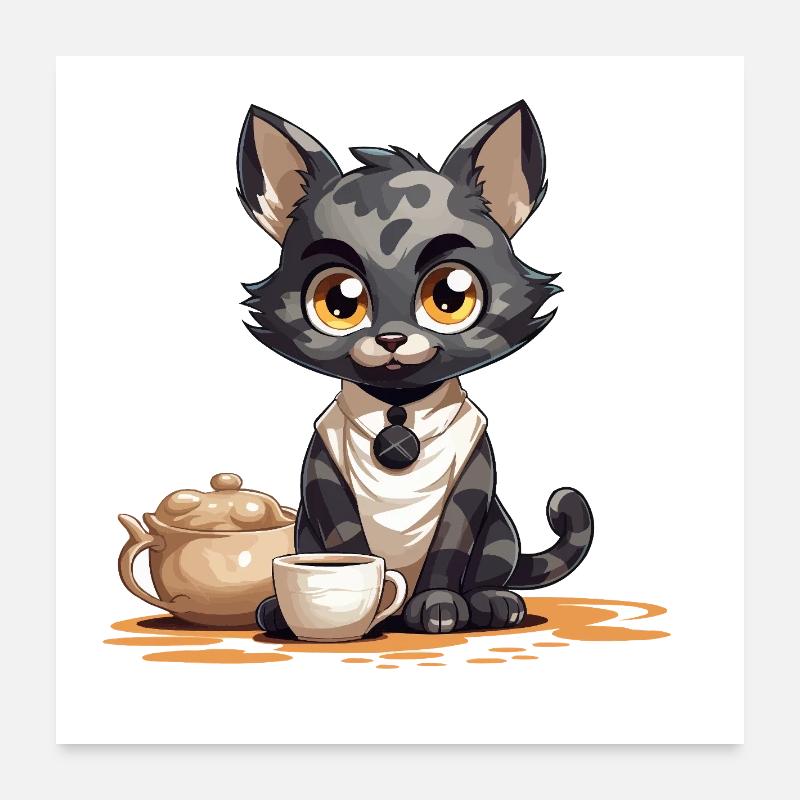 Chat de l’heure du café avec une théière Poster 60 x 60 cm