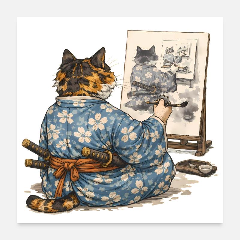 Peinture du chat samouraï : Sumi-e Ukiyo-e Art Poster 60 x 60 cm