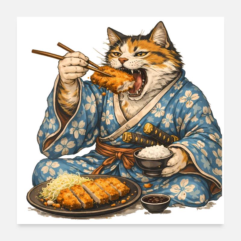 Samurai-Katze Tonkatsu Japanisches Essen Ukiyo-e Poster 60x60 cm