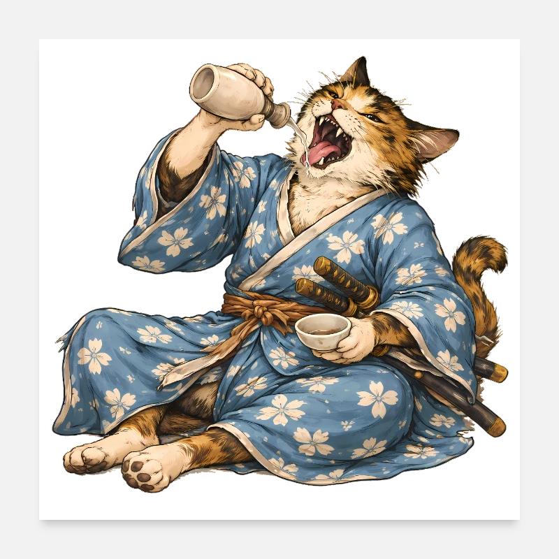 Saké de chat samouraï style ukiyo-e japonais Poster 60 x 60 cm
