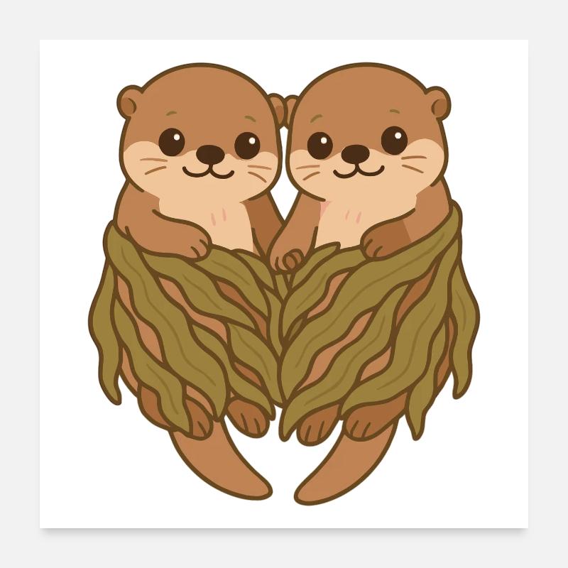 Couple de loutres de mer mignonne en couverture d’algues Poster 60 x 60 cm