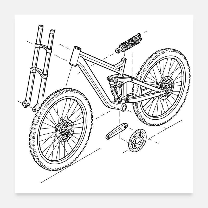 DH-Bike Exploded Drawing: MTB Technique Sketch Poster 24" x 24" (60x60 cm)