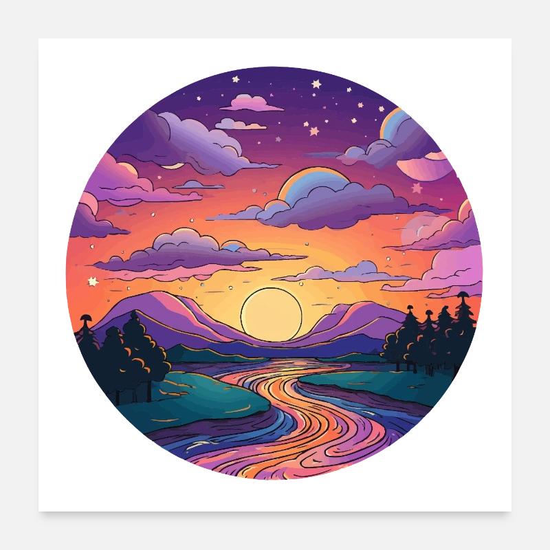 Coucher de soleil sur la rive de la rivière Poster 60 x 60 cm