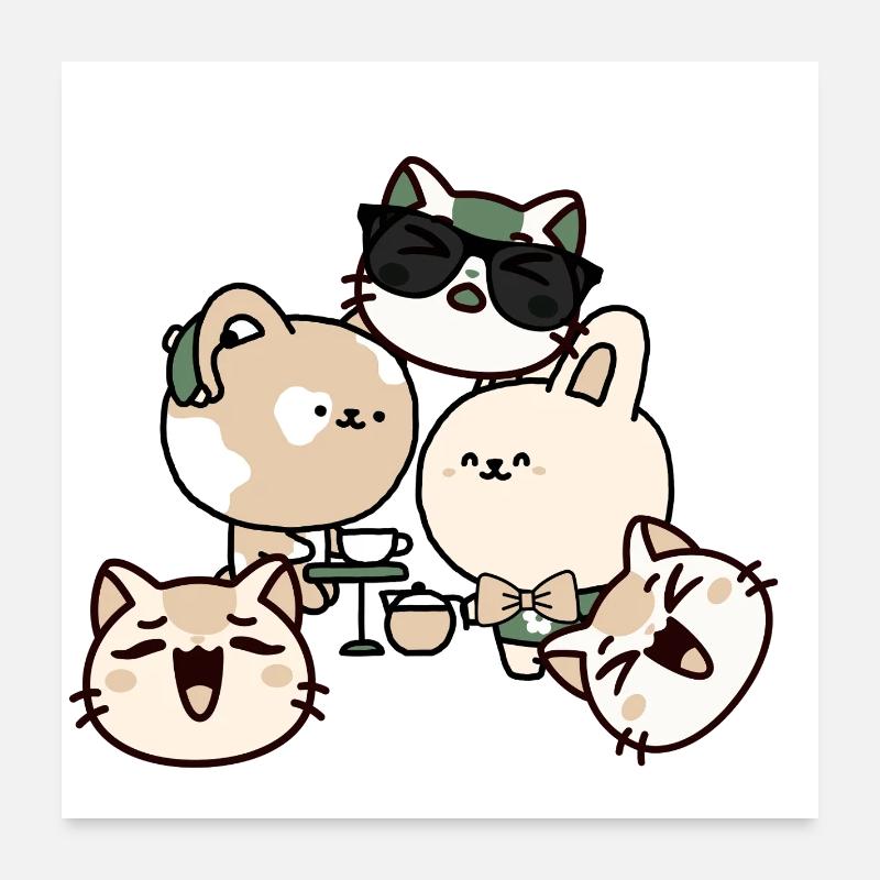 Pause café Kawaii : Chat avec appareil auditif Poster 60 x 60 cm