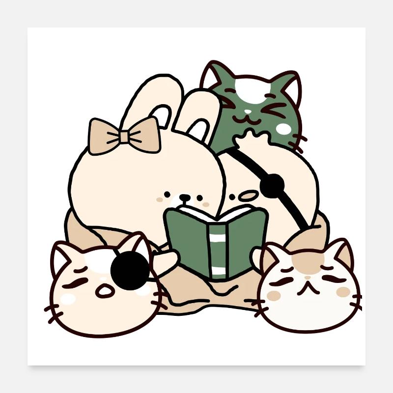 Club de Lecture Kawaii : Chats et Lapin Poster 60 x 60 cm