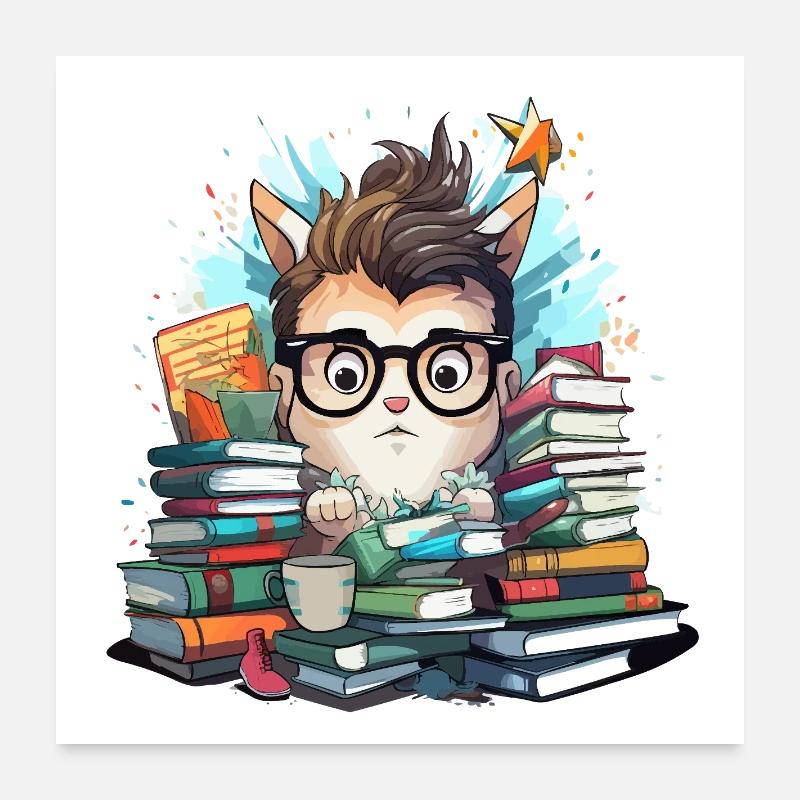 Bücherstapel-Katze mit Brille Poster 60x60 cm