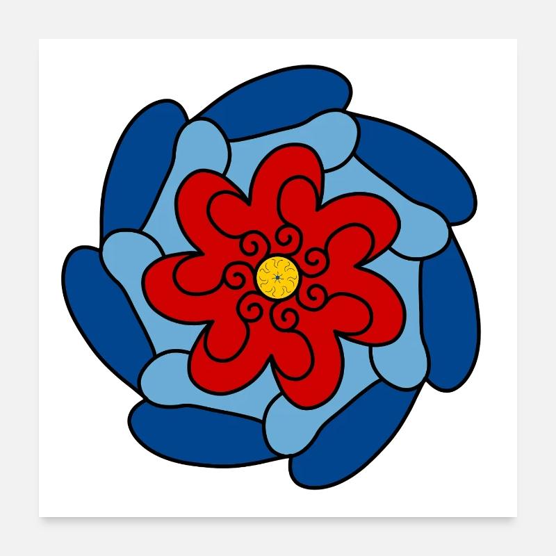 Fleur rouge mandala bleu Poster 60 x 60 cm