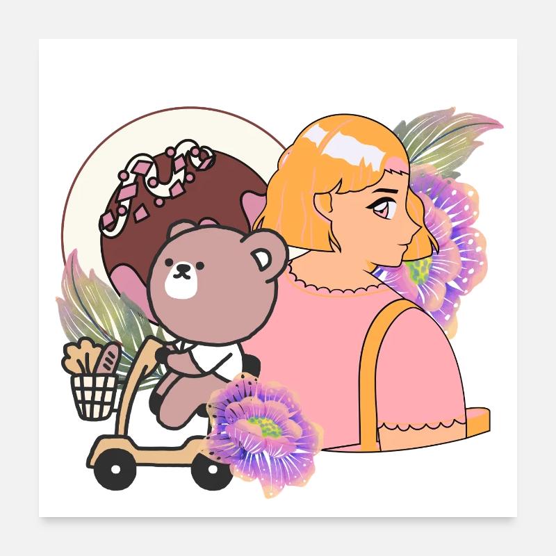 Kawaii Bear sur scooter de mobilité et douceurs Poster 60 x 60 cm
