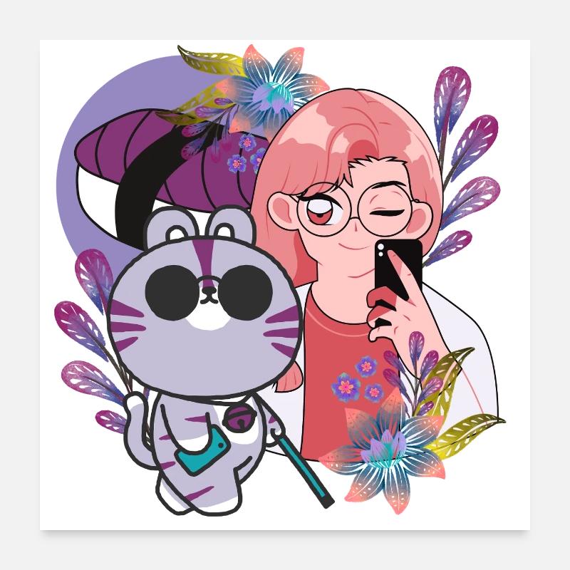 Kawaii Selfie & Visually Impaired Cat Poster 24" x 24" (60x60 cm)