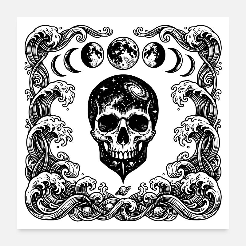 Cosmic Gothic Skull Ocean Waves Moon Phases Art Poster 24" x 24" (60x60 cm)