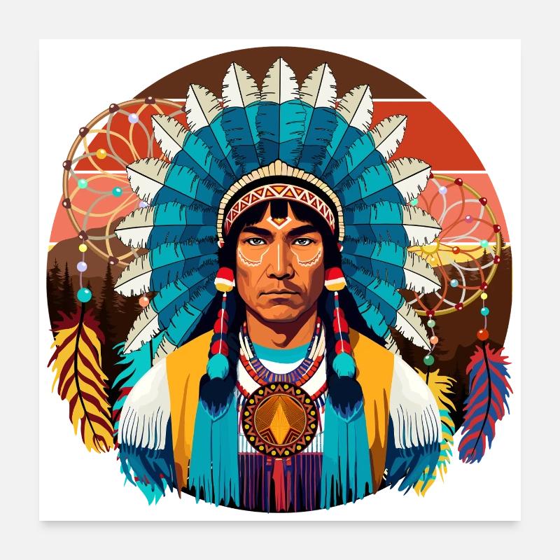 Native American Chief Powerful Portrait Poster 24" x 24" (60x60 cm)