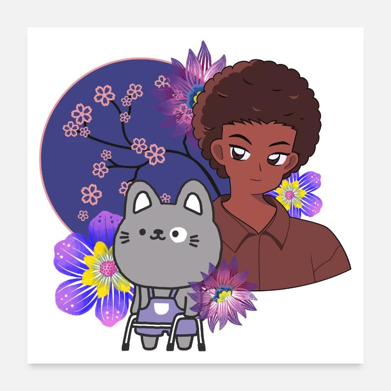 Garçon et chat animé avec des dessins de rôdeurs Poster 60 x 60 cm