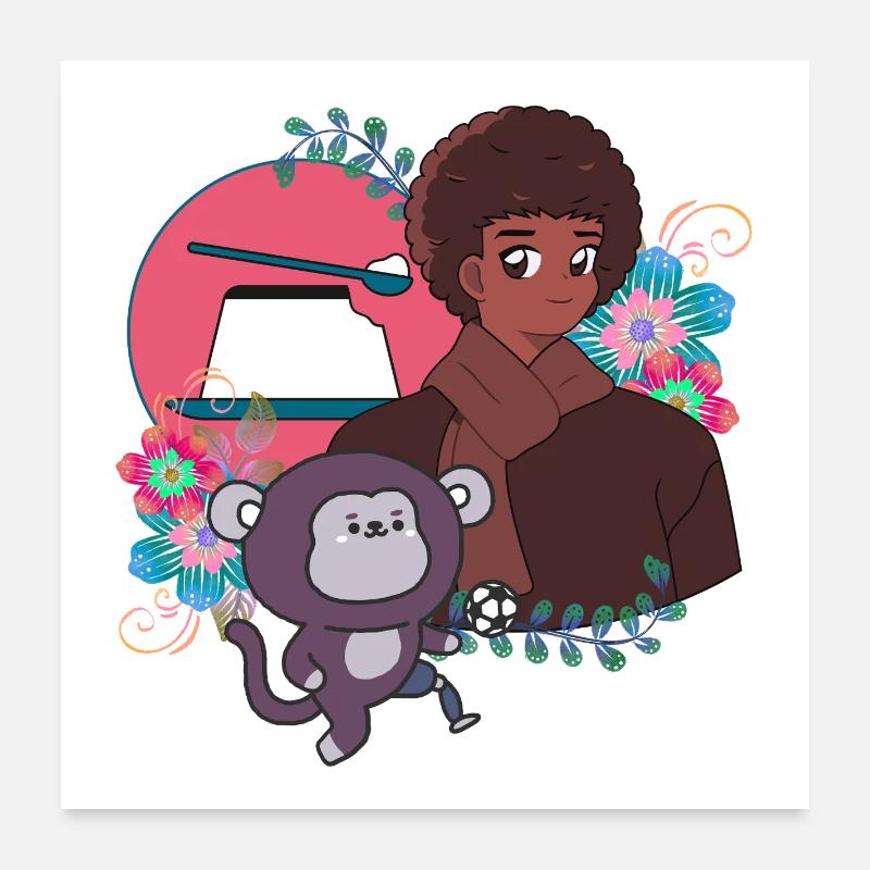 Anime-Junge und Fußballaffe mit Prothese Poster 60x60 cm