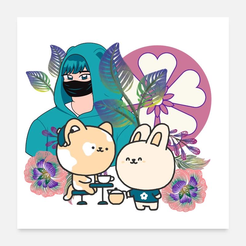 Groupe d’anime dans Mask with Cochlear Implant Art - Poster 60 x 60 cm - blanc