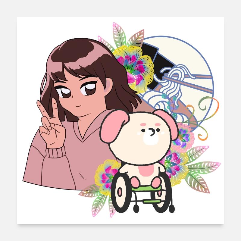 Anime-Mädchen Frieden und Hund im Rollstuhl Kunst Poster 60x60 cm