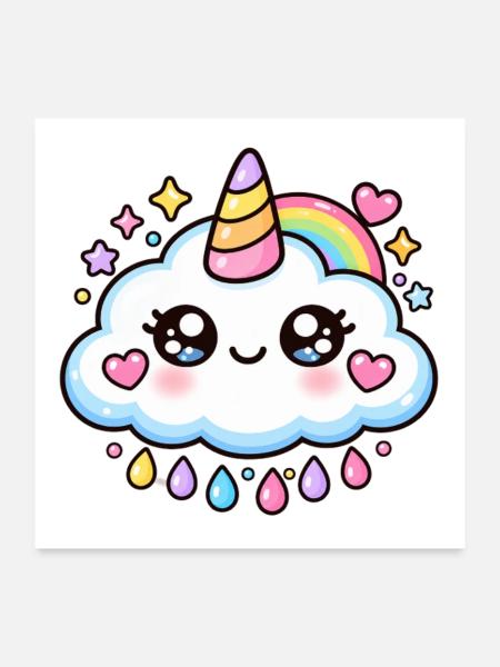 Bezaubernde Regenbogen-Einhornwolke - Poster 60x60 cm - Weiß - Vorne